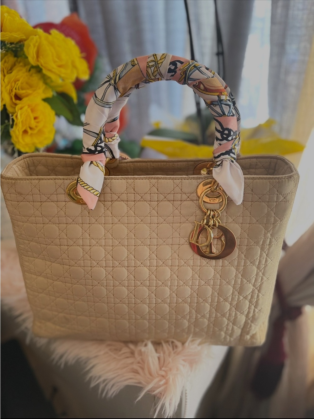 Dior Beige Quilted Tote with Gold Charms and Patterned Handle Wrap - Picture 4 of 10